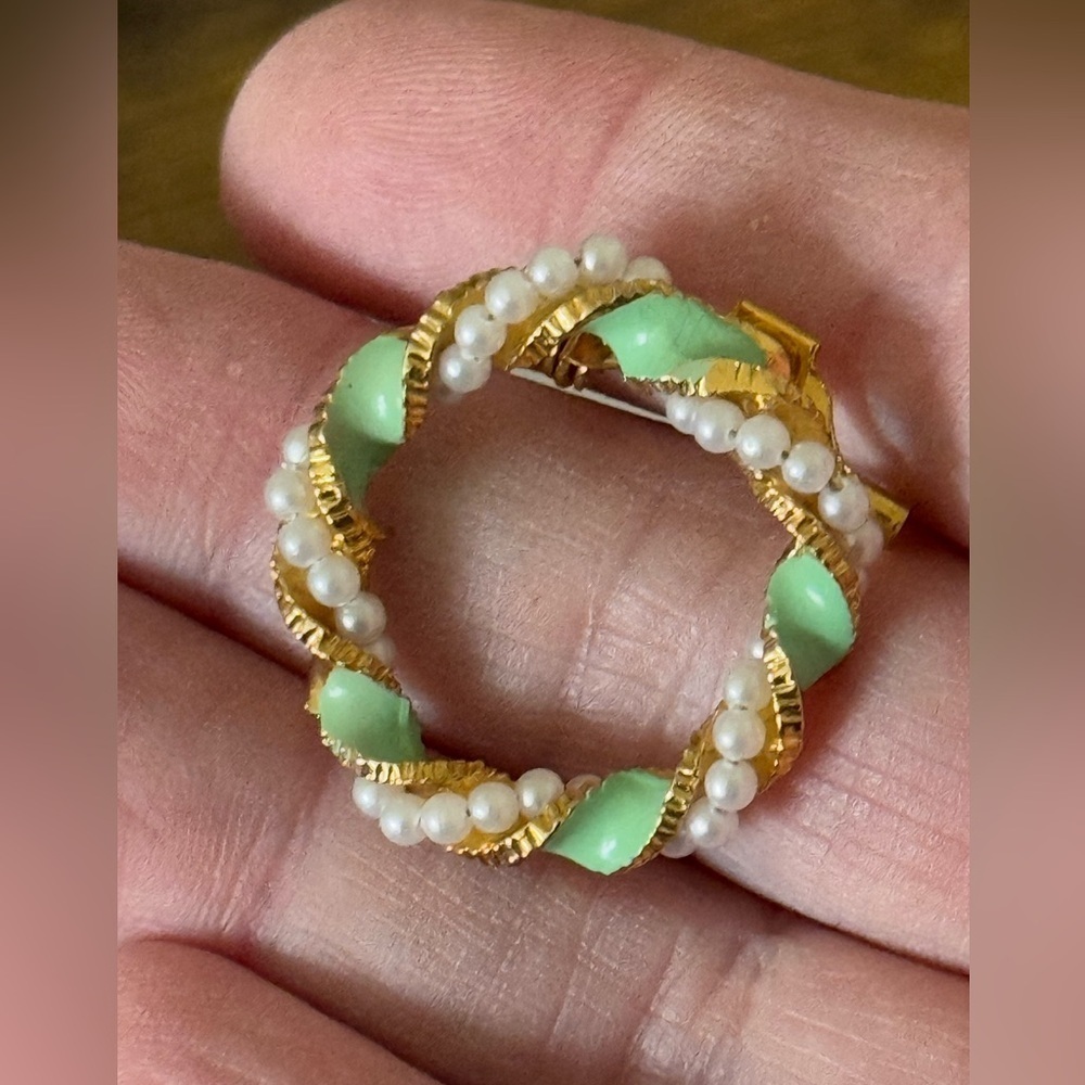 Vintage Gold Tone Wreath Brooch with Faux Pearls and Green Enamel Leaves